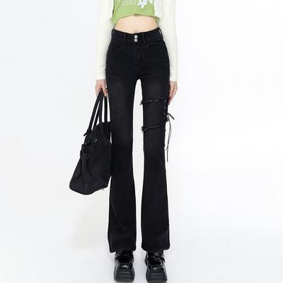 Jean évasé à lacets pour femmes, pantalon en Denim, noir, Vintage, taille haute, Slim, Streetwear, mode coréenne Y2K, été