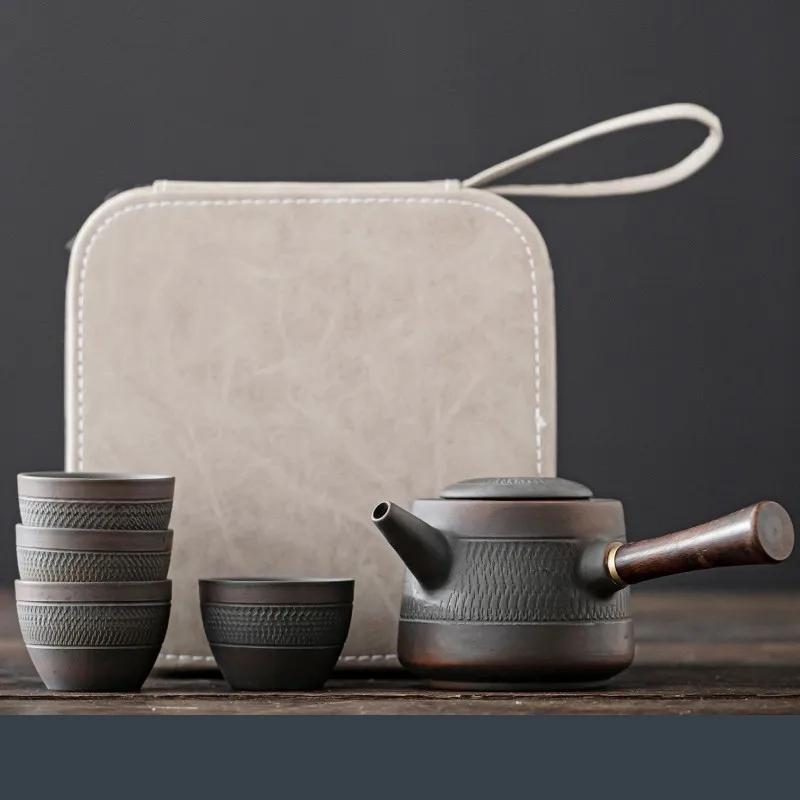 

High-end Purple Pottery RetroTea Set Outdoor Travel Tea Set Portable Kungfu Tea Set Teapot Small Package Birthday Gift
