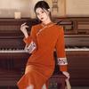 Warm Winter Chinese-Inspired Long Sleeve Cheongsam Dress With Fleece Lining Stand Collar Design Women