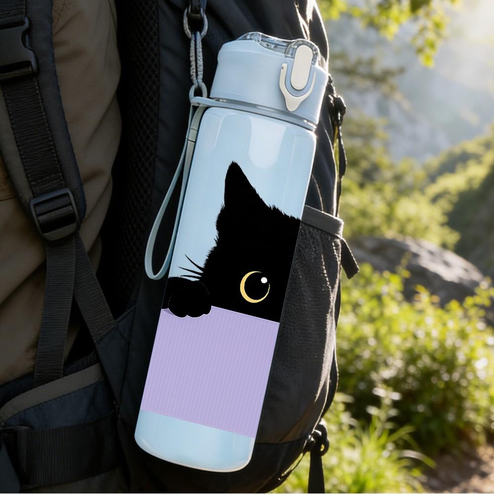 1PC Black Cat Peeking Over Edge Print 750ml Color Plastic Sports Water Bottle Leakproof Flip Straw Lid Suitable for Sports Office Home Use