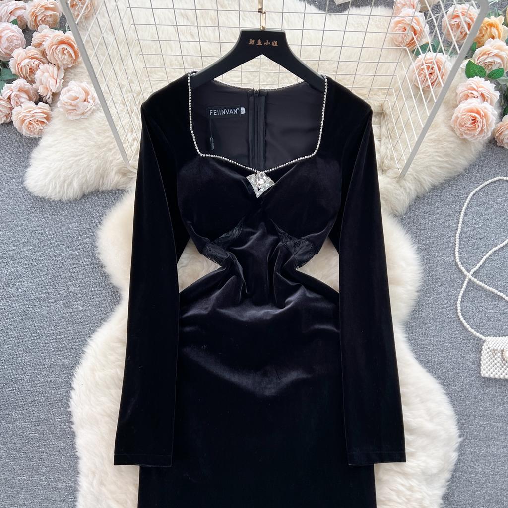 Rochie de petrecere de Crăciun cu dantelă din catifea, în stil Hepburn, cu margele, rochii de seară cu guler pătrat, negru, subțire