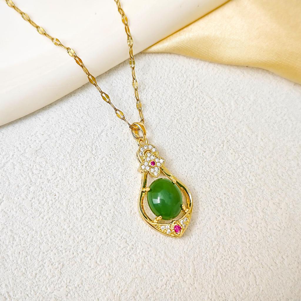 Retro Chic Titanium Steel Necklace: Luxury Gemstone Gourd Pendant for Women
