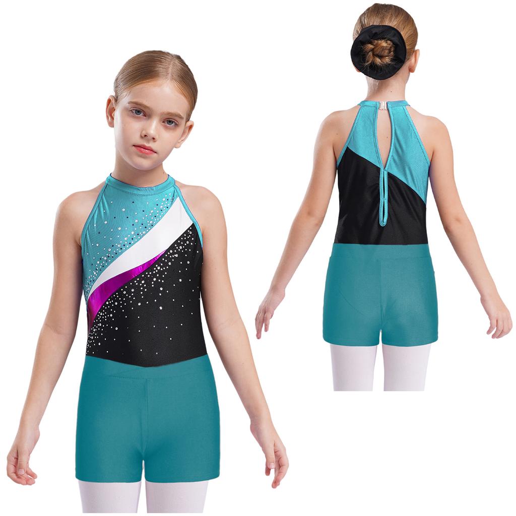Copii Fete Tricou gimnastică fără mâneci Ballet Dance Biketard cu pantaloni scurți Set banda de păr Costume de dans Costum de baie Costum de baie