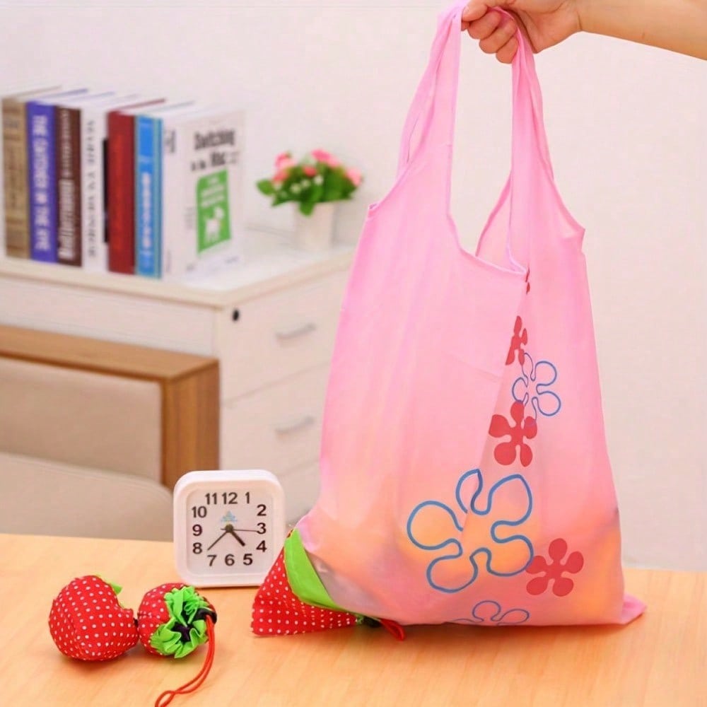 1pc Reusable Grocery Shopping Bag | Leak Proof, Square Shape, Foldable Tote With Cute Strawberry Design And Clutch Accessory