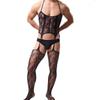 Men'S Sexy Underwear One-Piece Fishnet Full Body Stockings Gay Erotic Mesh Perspective Tight Lingerie Sissy Clothes Nightdress