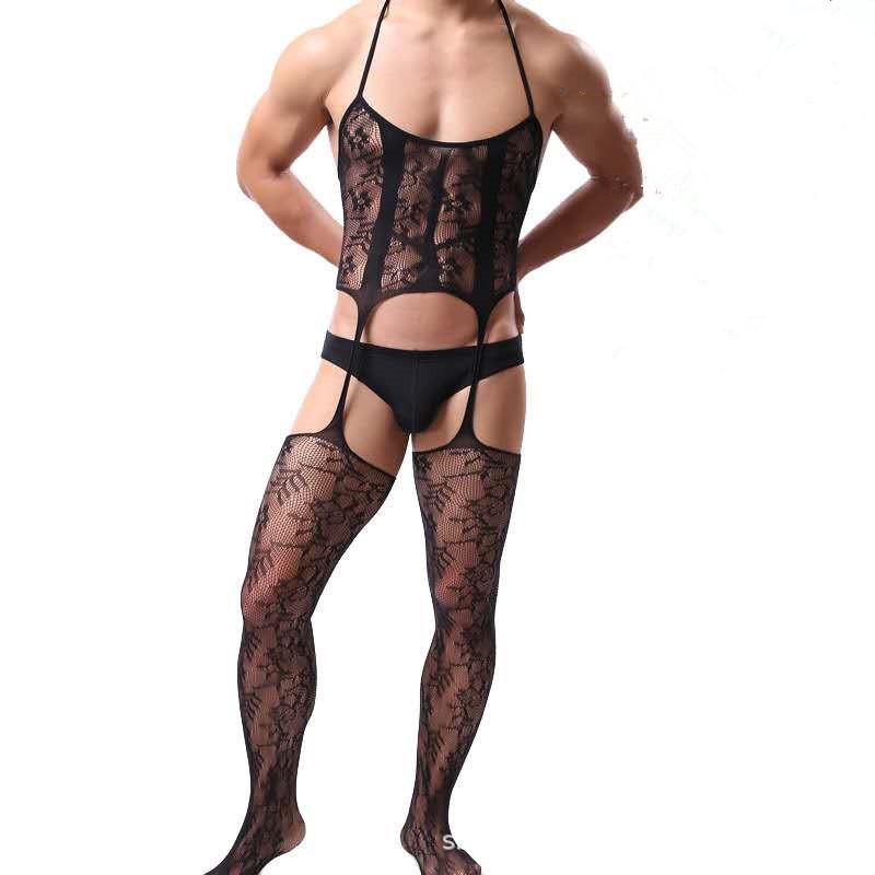 Men'S Sexy Underwear One-Piece Fishnet Full Body Stockings Gay Erotic Mesh Perspective Tight Lingerie Sissy Clothes Nightdress