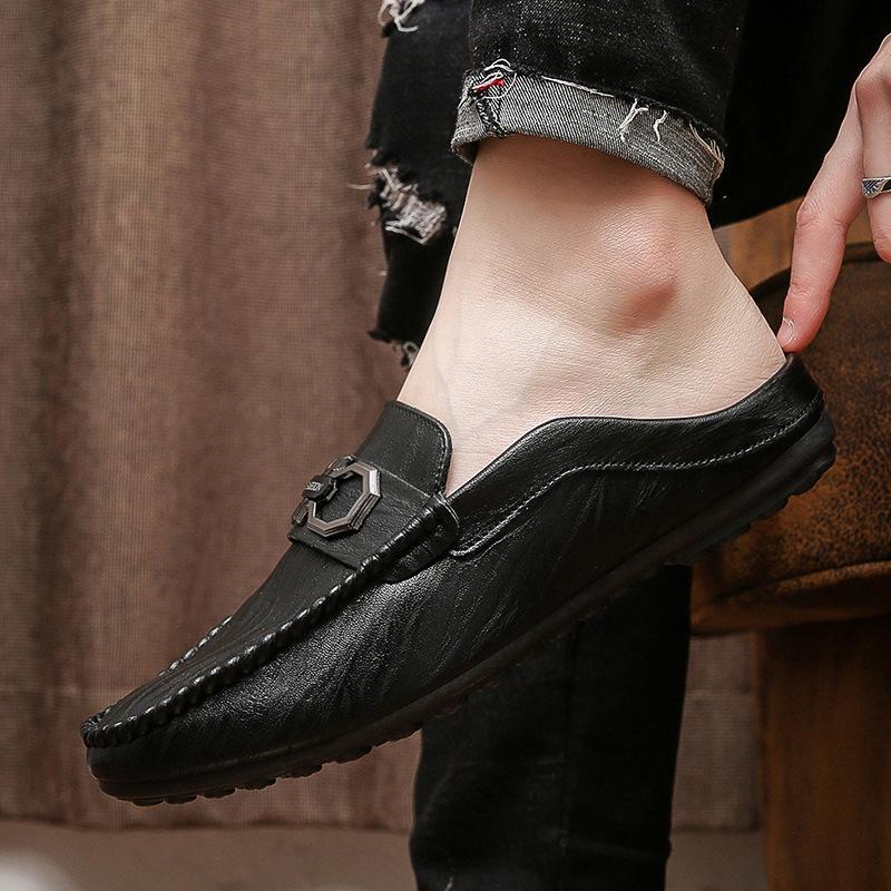 2025 Summer Men's Closed-Toe Slip-On Loafers Backless Moccasin Shoes Comfortable Breathable Casual Slide Sandals for Lazy Style