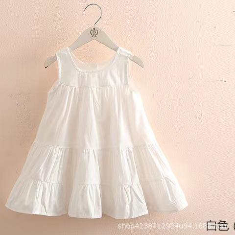 Girls Summer Cotton Solid Sleeveless Loose Swing Dress Korean Beach Sundress 80