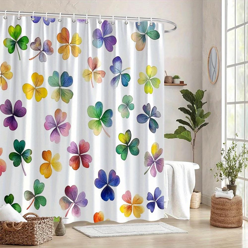 Four-Leaf Clover Curtain - Digital Watercolor, Green/Yellow/Red/Blue, Polyester, 12 Hooks, Machine Washable, Festive Decor