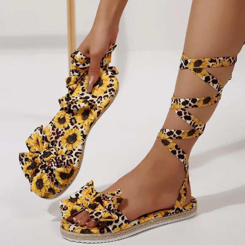 

Fashion 2025 Summer New Women s Rome Sandals with Ankle Tie Bow & Leopard Print Flat Shoes Plus Size Ladies Casual Footwear Sandals 43
