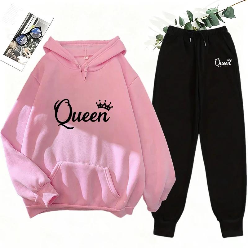 Women's 2 Piece Matching Set Queen Print Hoodie and Sweatpants Casual Street Style Outdoor Sportswear