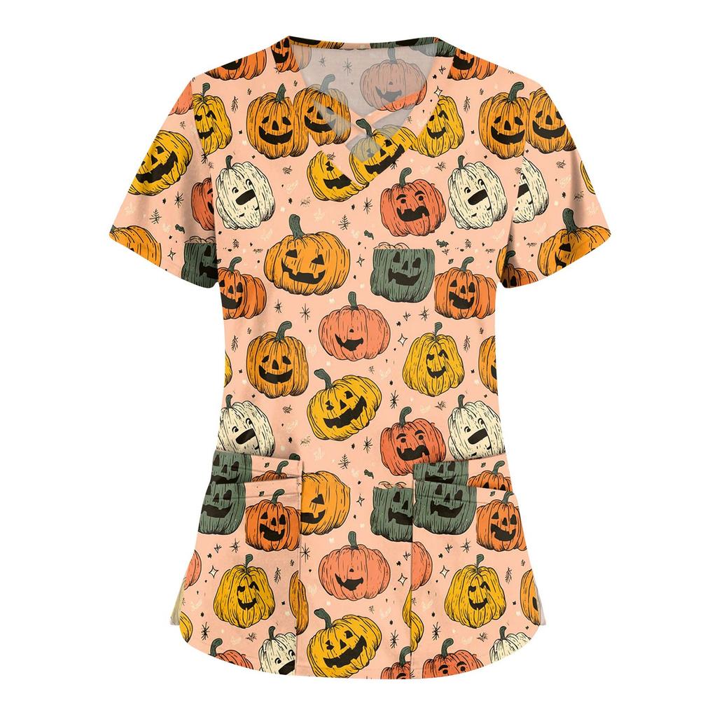 Dámská móda Overaly s výstřihem do V a krátkým rukávem Top s potiskem Halloweenu Oblečení