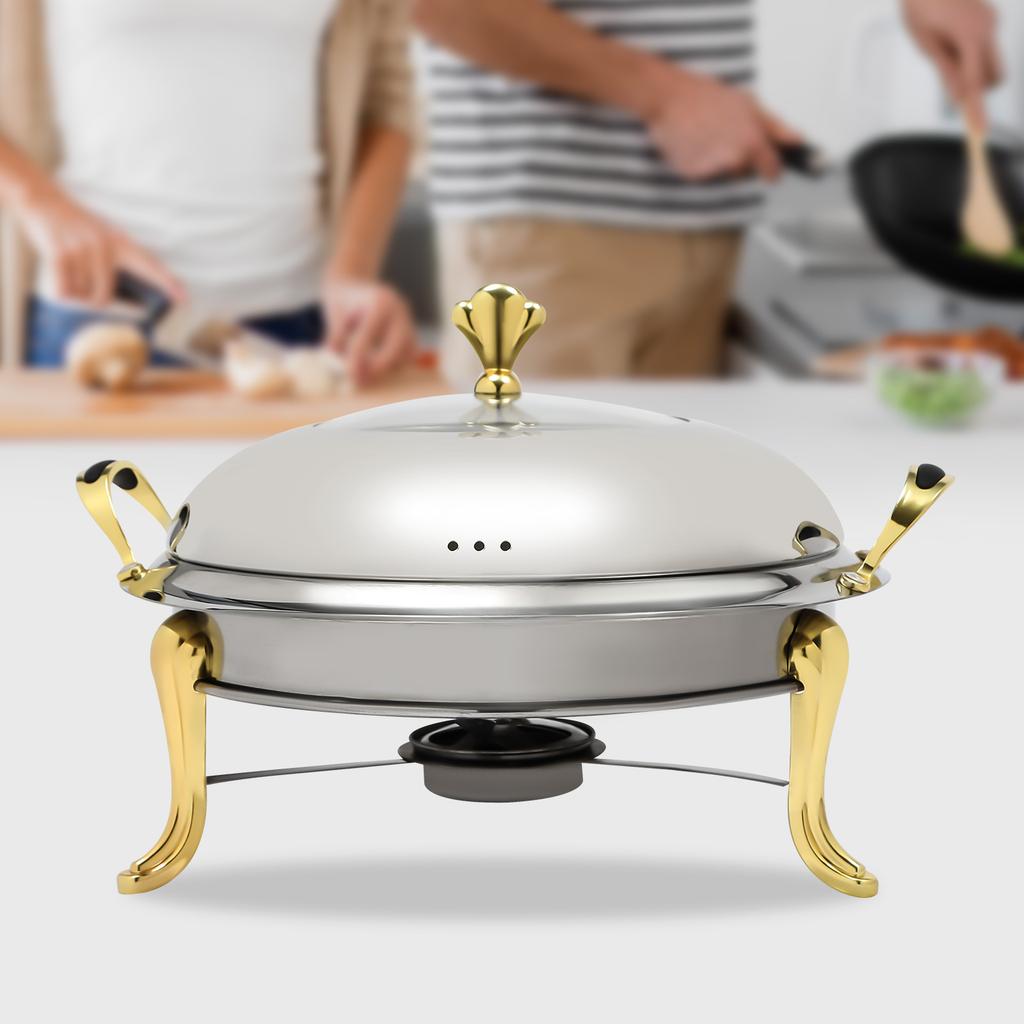 24cm Gold Round Chafing Dish, Stainless Steel Buffet Chafer with 2.5L Capacity, Catering Warmers for Food, Includes Fuel Holder