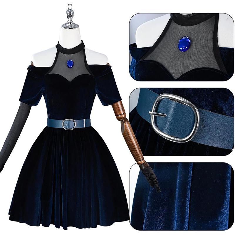 

Women Dark Blue Cosplay Dress, Off Shoulder Halloween Party Costume with Gloves and Belt S синий