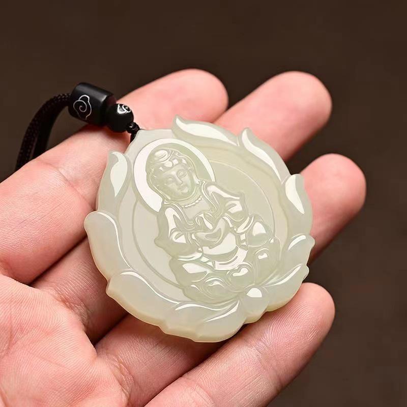 Unisex Imitation Hetian Jade Guanyin Pendant with Lotus Design - Hanging Ornament Gift