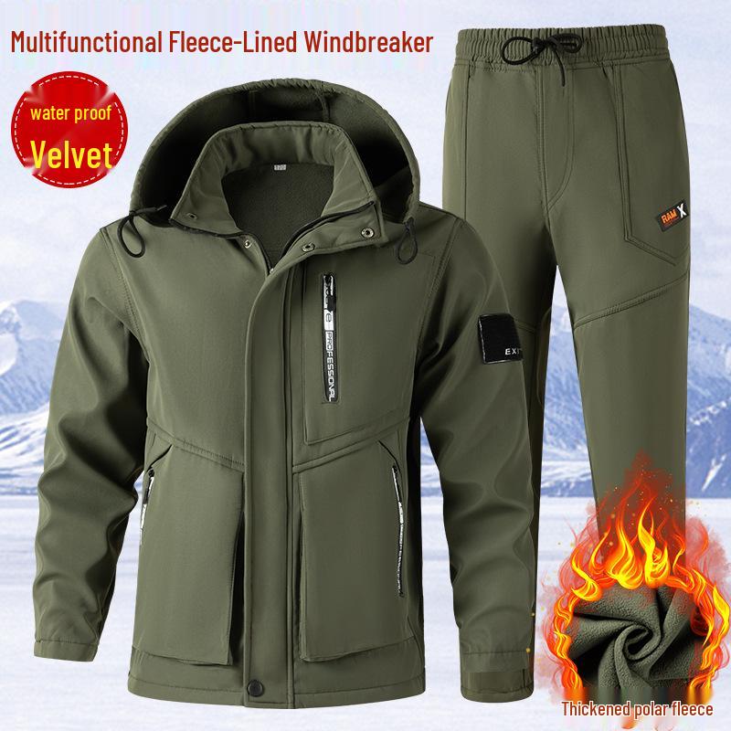 Men's Waterproof Camouflage Workwear: Thick, Plus Velvet for Autumn/Winter - Protective Jacket and Overalls.