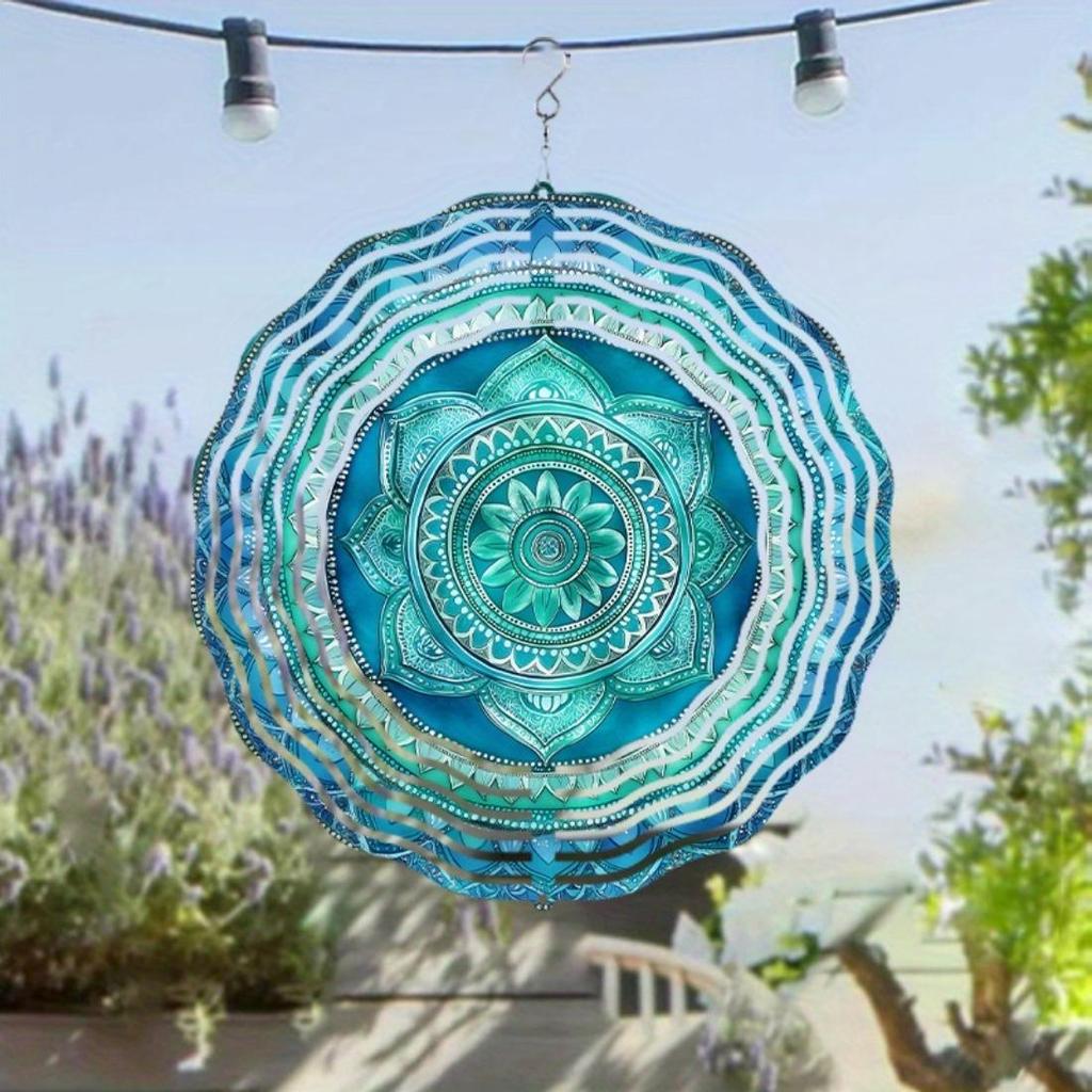 1pc 10-Inch Hanging Wind Chime with 360° Swivel Hook - Vibrant Blue & Green Mandala Design, Artistic Garden Decoration for Spring & Summer