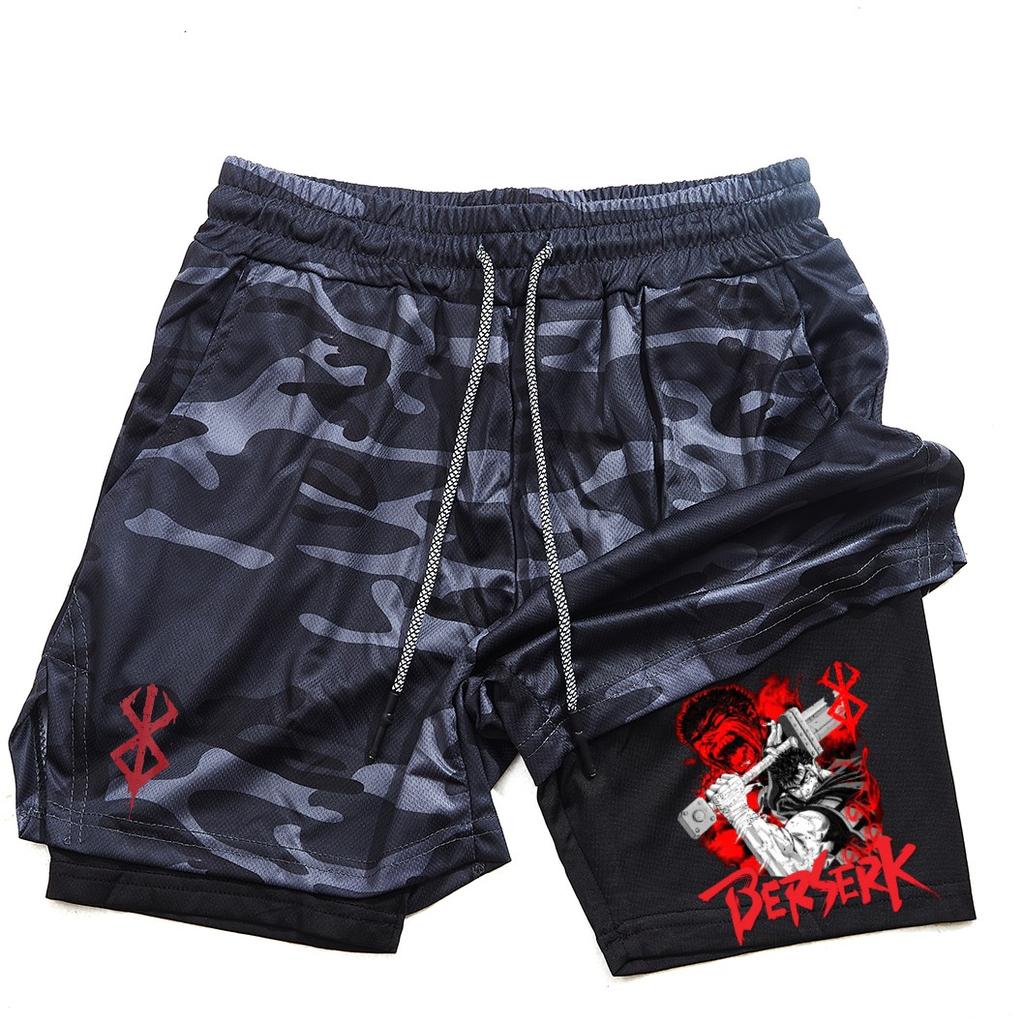 Pantalones cortos de gimnasio para hombre, ropa deportiva 2 en 1 de Anime para correr, trotar, entrenamiento, Yoga, baloncesto