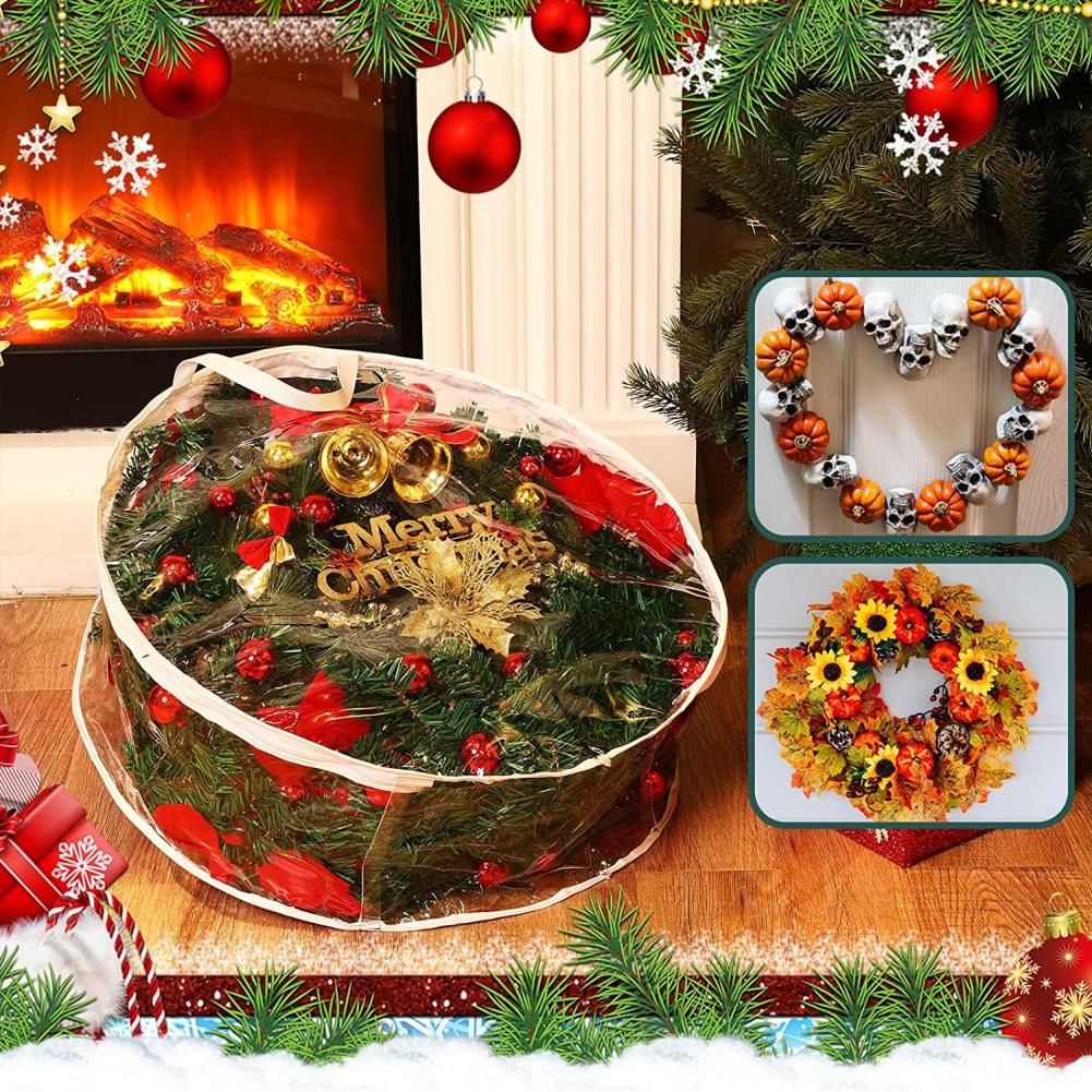 Weihnachts-Kranzbeutel, transparent, Weihnachtskranz-Aufbewahrungsbehälter, Kranzbeutel mit zwei Reißverschlüssen und Griffen
