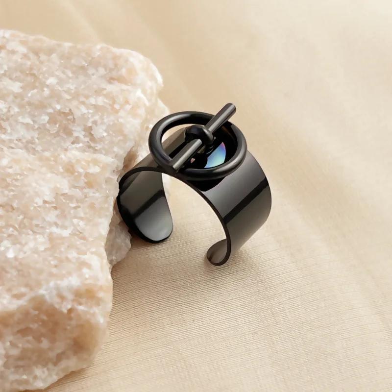 OT Buckle Ring for Women Geometric Chain Stainless Steel Wide Finger Rings Opening Adjustable Hip Hop Jewelry Party Girls Gifts