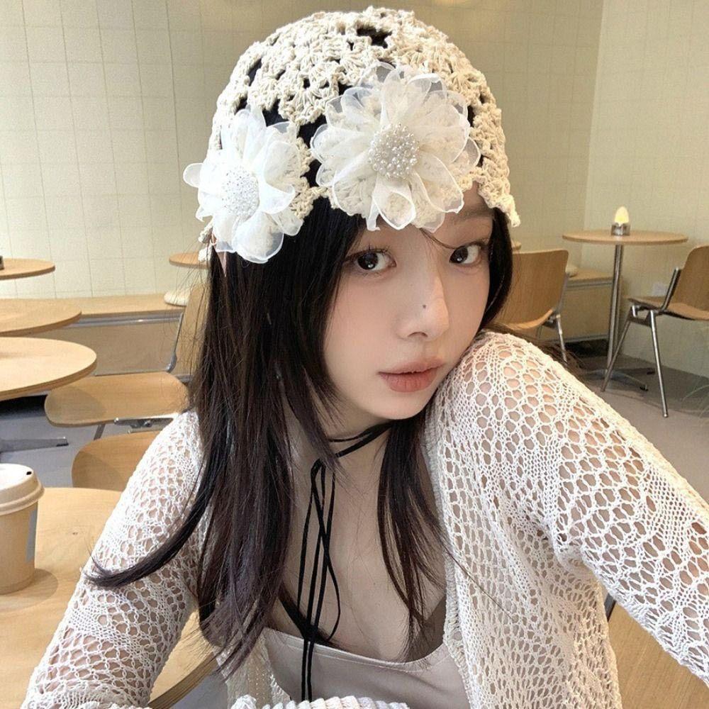 Lace Beret Cap Flowers Skullies Hat Breathable Knitted Hat  for Women