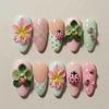 24PCS 3D Fresh Green Flowers French False Nails with Cute Ladybug Sweet Pink Almond Fake Nails for Women Reusable Nails Press On
