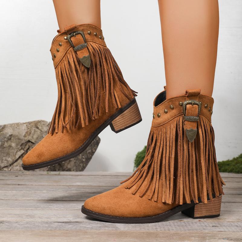 Markowe Kozaki Damskie Jesień 2025 Frędzle Western Stray Kozaki Do Połowy Łydki Szpiczasty Nosek Bohemia Metalowa Dekoracja Botki