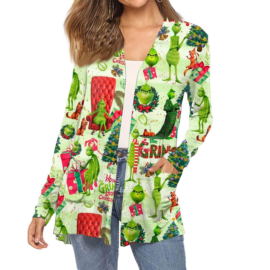 Women's Fashion Christmas Print Long-Sleeved Pocketed Slim-Fit Cardigan Coat