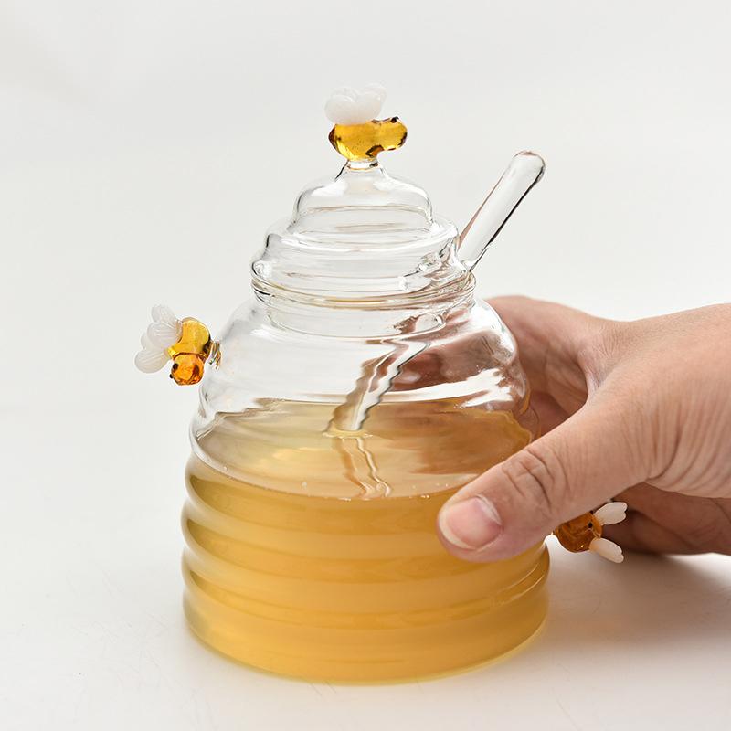 New Arrival Fancy Design Borosilicate Tempered Glass Jars Honey Bottle with Dipper