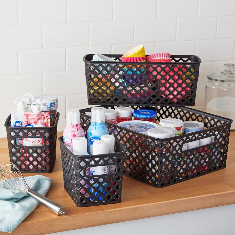 4 Piece Black Decorative Storage Basket Set Durable Plastic Organization Bins with Cut-Out Handles Versatile Home Storage