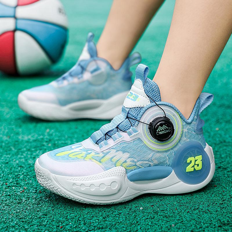 Autumn mesh lace-up-free boys' sports shoes, new rotating button, medium and large children's breathable primary school basketball shoes