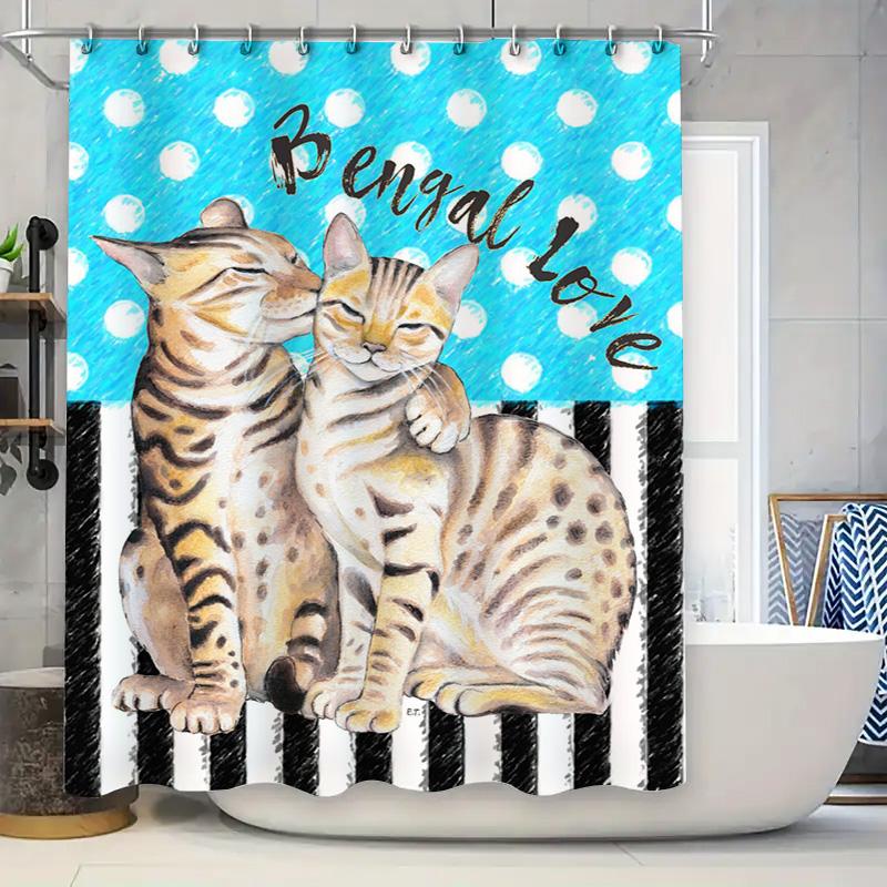 

Adorable Bengal Cat Shower Curtain Blue With White Dots Design For Bathroom Decorations Custom Pet Lover Gift W60H190(CM)-1 Pcs