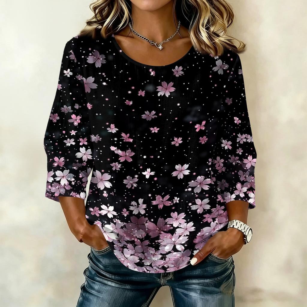 Damen Casual Blumenmuster Rundhals Dreiviertelarm Baumwolle Leinen Oberteil Leicht Atmungsaktive Bluse für den täglichen Gebrauch