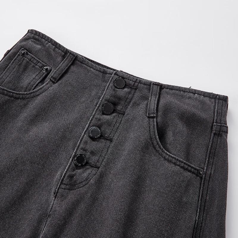 Xiangying Women's Retro Grey Denim A-Line Midi Skirt