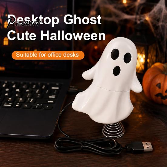 Portable Decorative Figurine Cute Ghost Night Light with Spring Base, USB Powered Mini Spooky Halloween Dynamic Ornament Tree Topper LED for