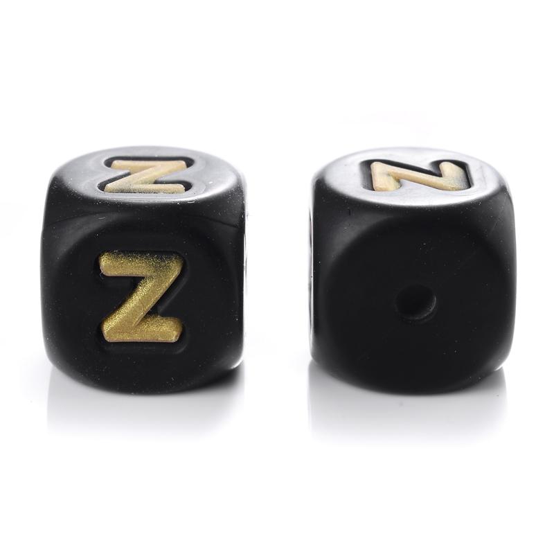 12mm 10Pcs Silicone Black+Gold Letters Beads English Alphabet Letter Beads for Baby Teething Teethers Shower Gifts BPA Free