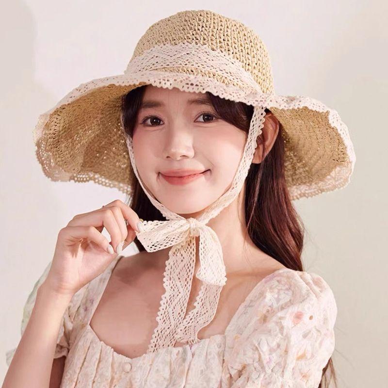 

Straw Fisherman Hat Wig One Female Big Wave Summer Breathable Fashion K-style Shoelace Sun Protection Hat Big Brim Beige + cold brown big wave +3 piece set