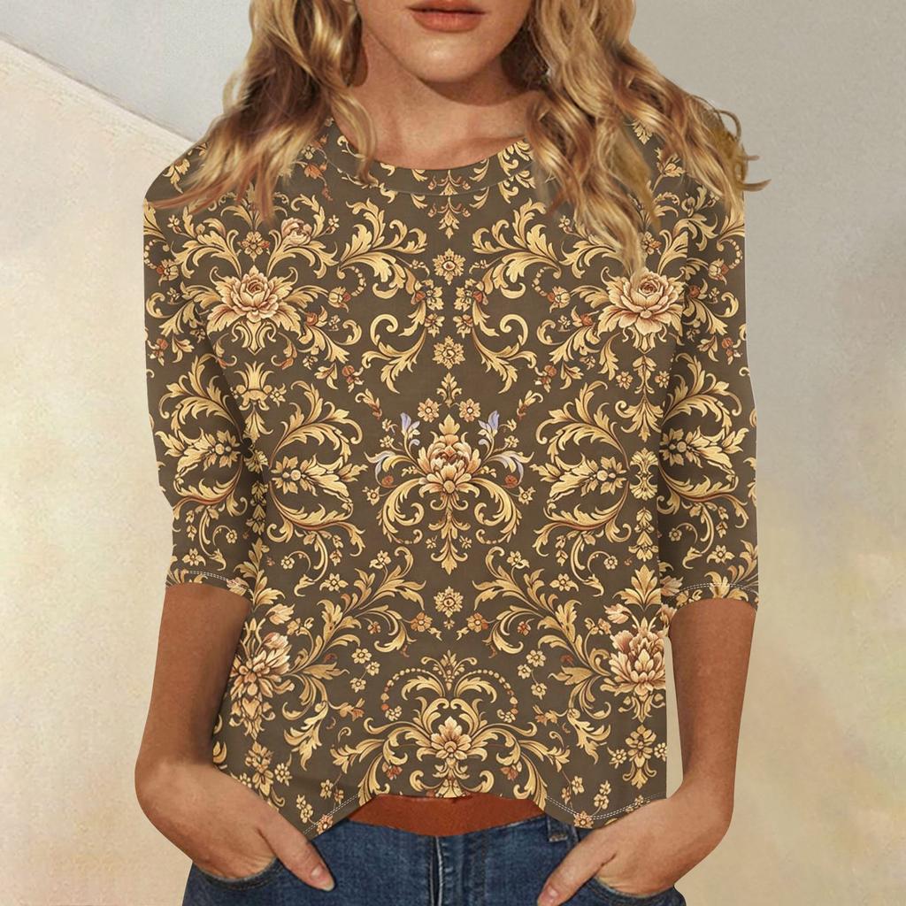 Women's Casual Three Quarter Sleeve Floral Print Crew Neck Top Relaxed Fit Lightweight Comfortable Blouse for Everyday Wear