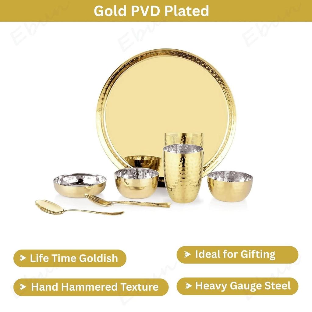 Heavy Gauge Stainless Steel Dinner Set | Gold Colour  PVD Plated Steel Thali Set | Stainless Steel Dinner Set for Kitchen | Thali Set for Dinner |