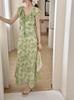 French green small flying sleeves floral thin dress for children's summer new seaside vacation waist temperament long dress