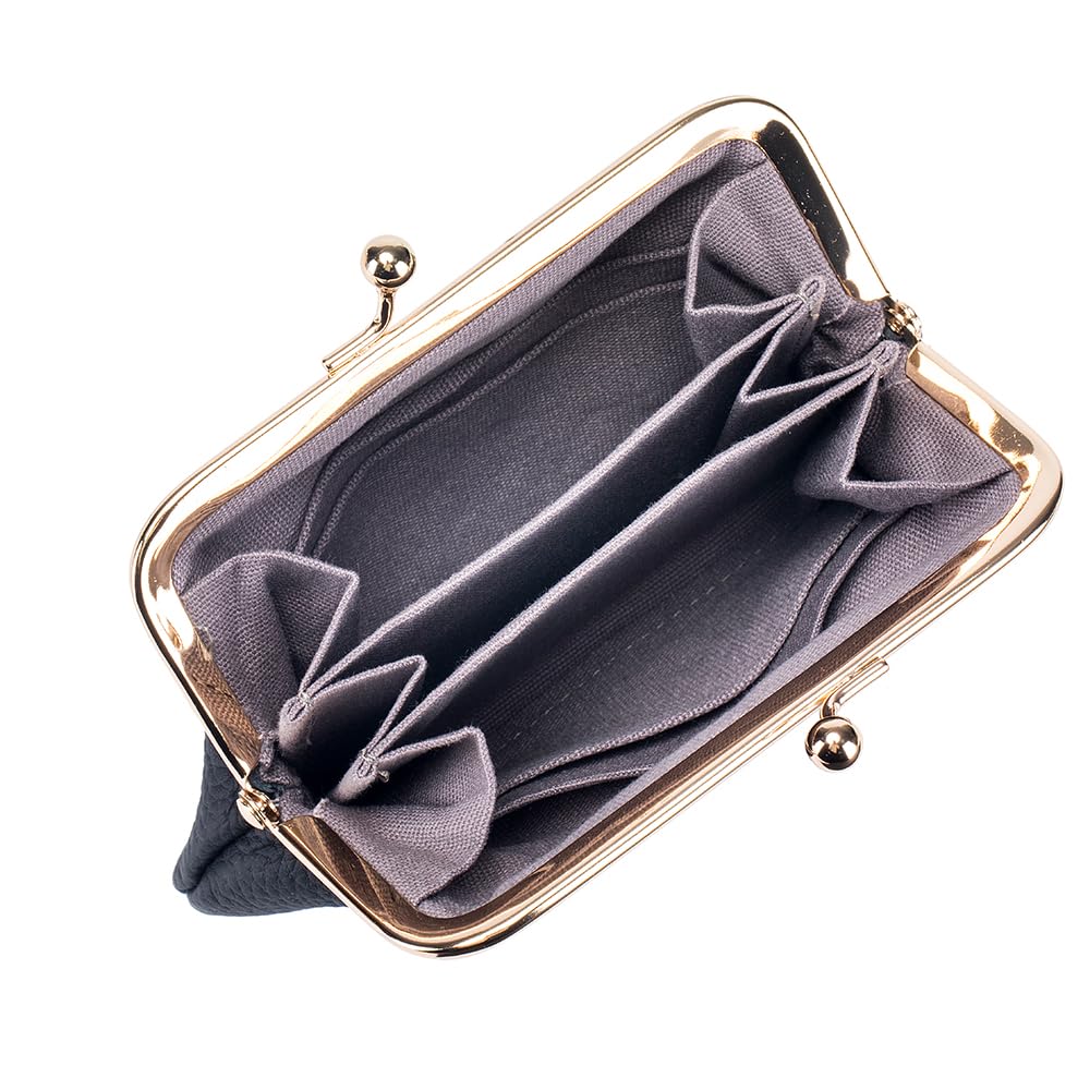Genuine Leather Clasp Wallet, Small, Women's, Coin Purse, Divider, Lightweight, Cowhide Leather, Mini Wallet with Divider, Stylish Coin Case (Black)