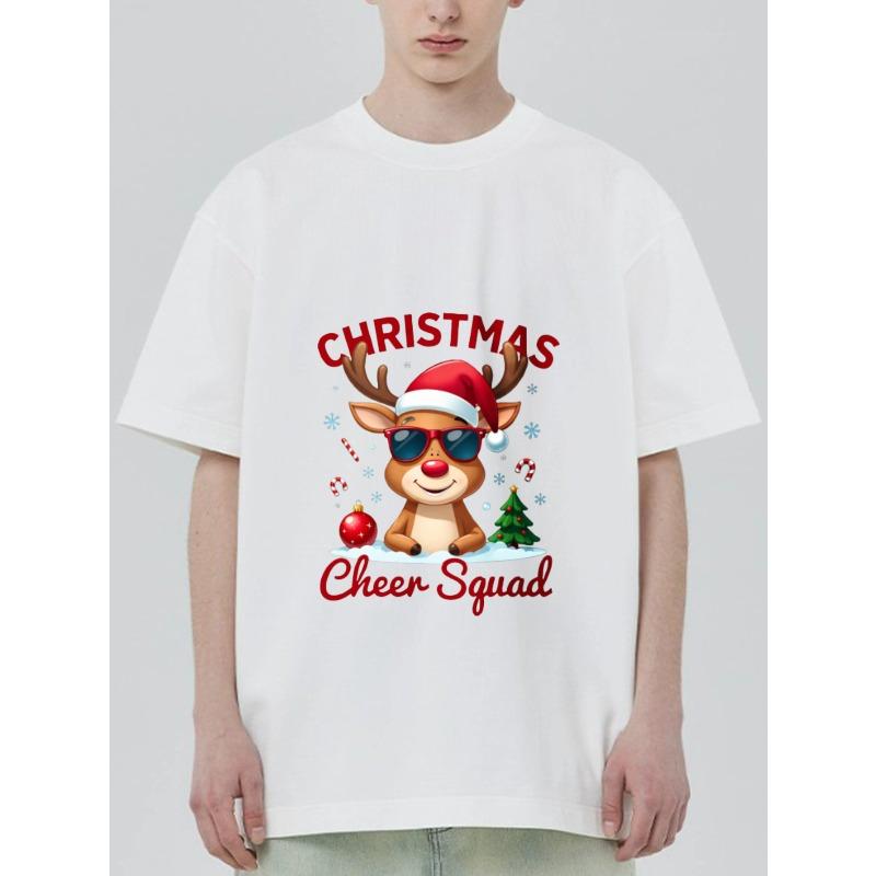 Christmas T Shirt Black Reindeer with Santa Hat and Sunglasses Christmas Cheer Squad Print Holiday Party Wear