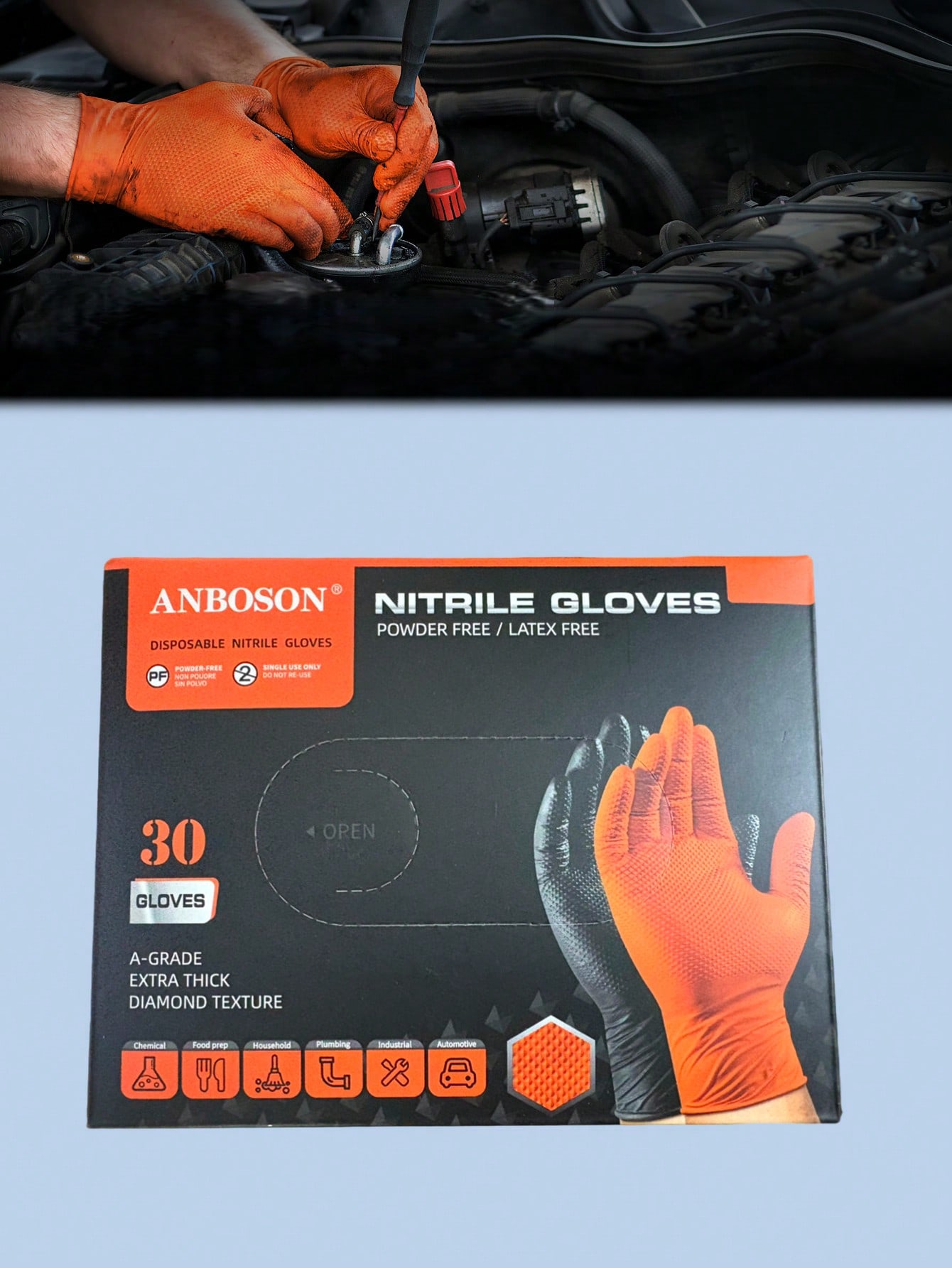 

8-Mil Thick Diamond Texture Nitrile Gloves, Heavy-Duty, Oil & Chemical Resistant, Powder-Free & Latex-Free, 30 Pairs/Box