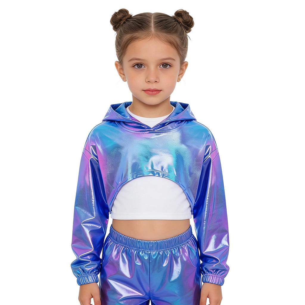 Παιδικό Φούτερ με Κουκούλα Χορευτικό Στυλ Δρόμου για Κορίτσια: Γυαλιστερό Μεταλλικό Κοντό Τοπ με Ασύμμετρο Τελείωμα & Μακριά Μανίκια για Αγώνα