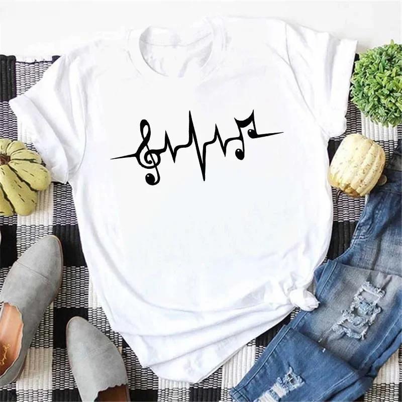 Plussize Harajuku Style Womens Tshirt Musical Note Print Top New Black Tshirt Womens Fashionable Graphic Tshirt Womens Top