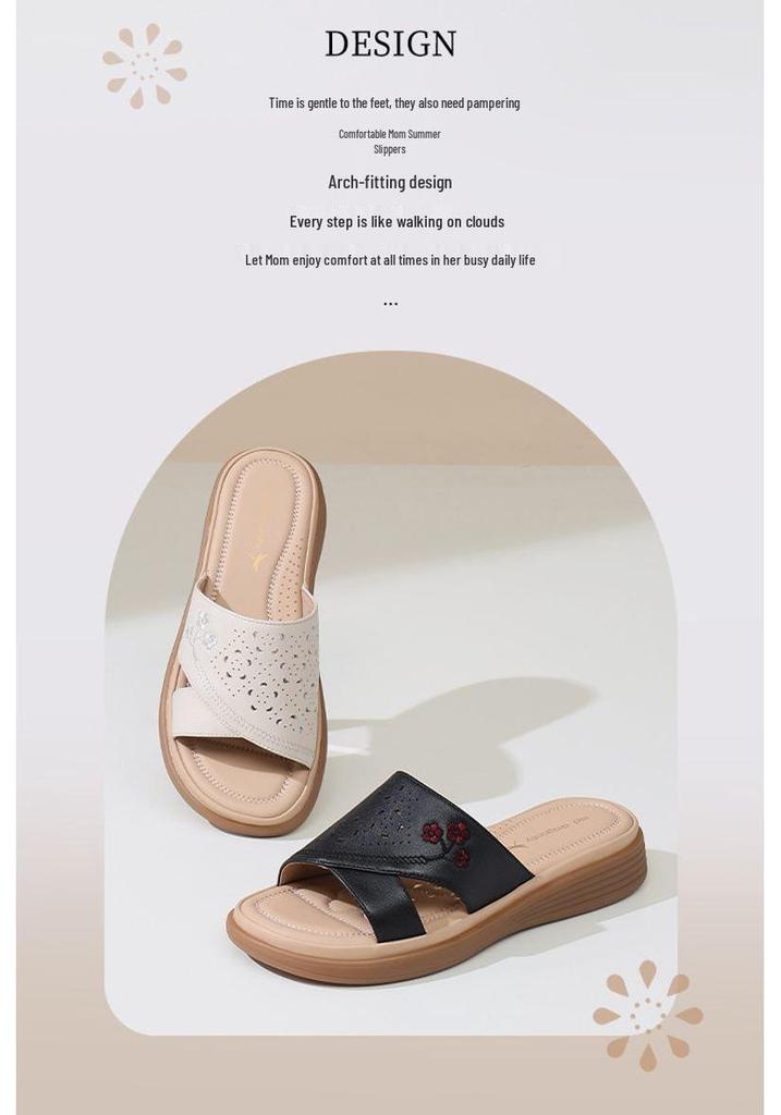 Red Dragonfly Women's Genuine Leather Non-slip Summer Slippers - Hollow Flat Bottom Cowhide Sandals for Middle-aged and Elderly.