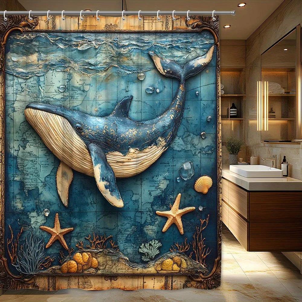 

1pc Blue Whale Map Shower Curtain - Vintage Nautical Marine Life Design with Realistic Starfish & Seashells, Polyester Bathroom W90xH180cm