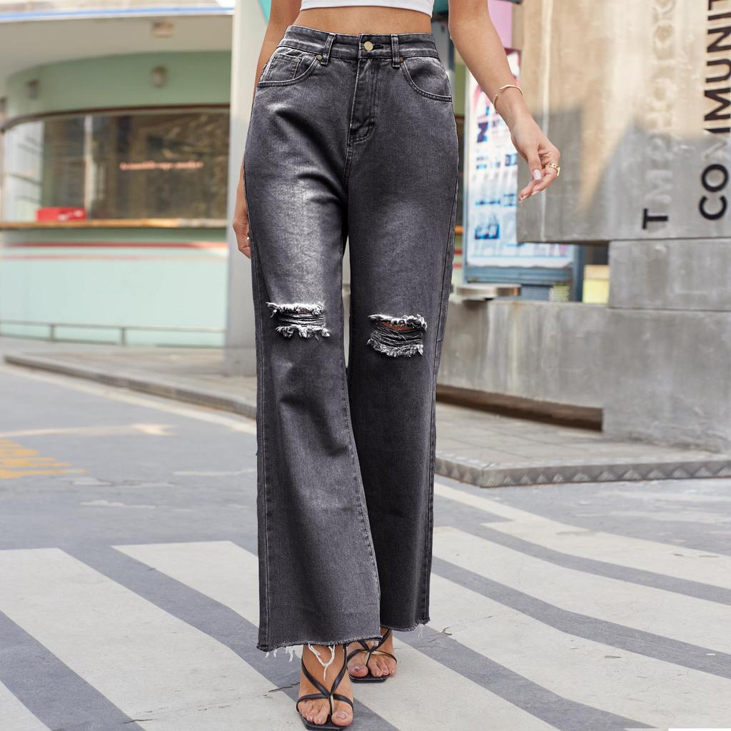Wide-legged Ripped Flared Jeans For Women