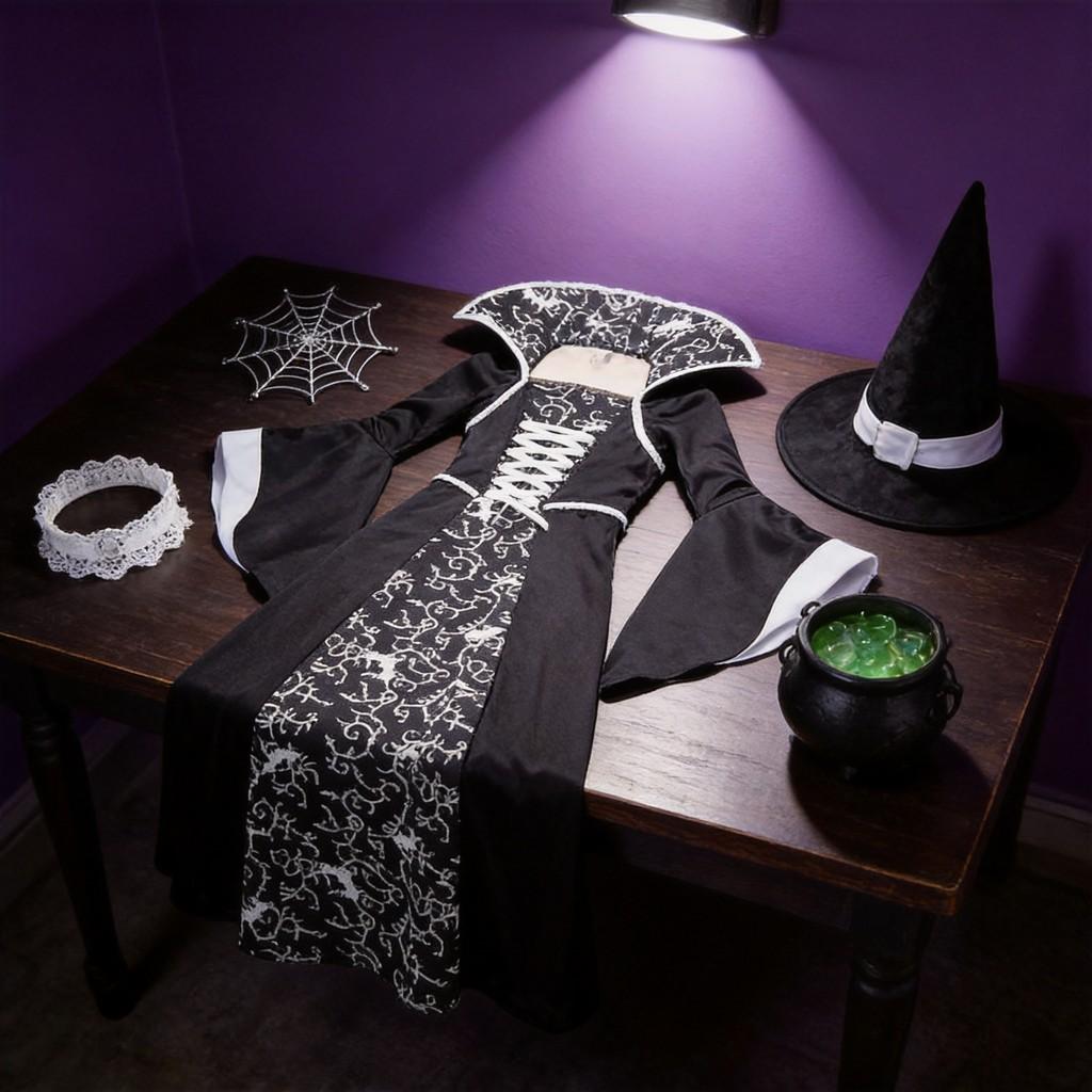 Halloween Witch Costume For Girls With Vintage Dress And Stripe Details For Kids Age 3 To 8