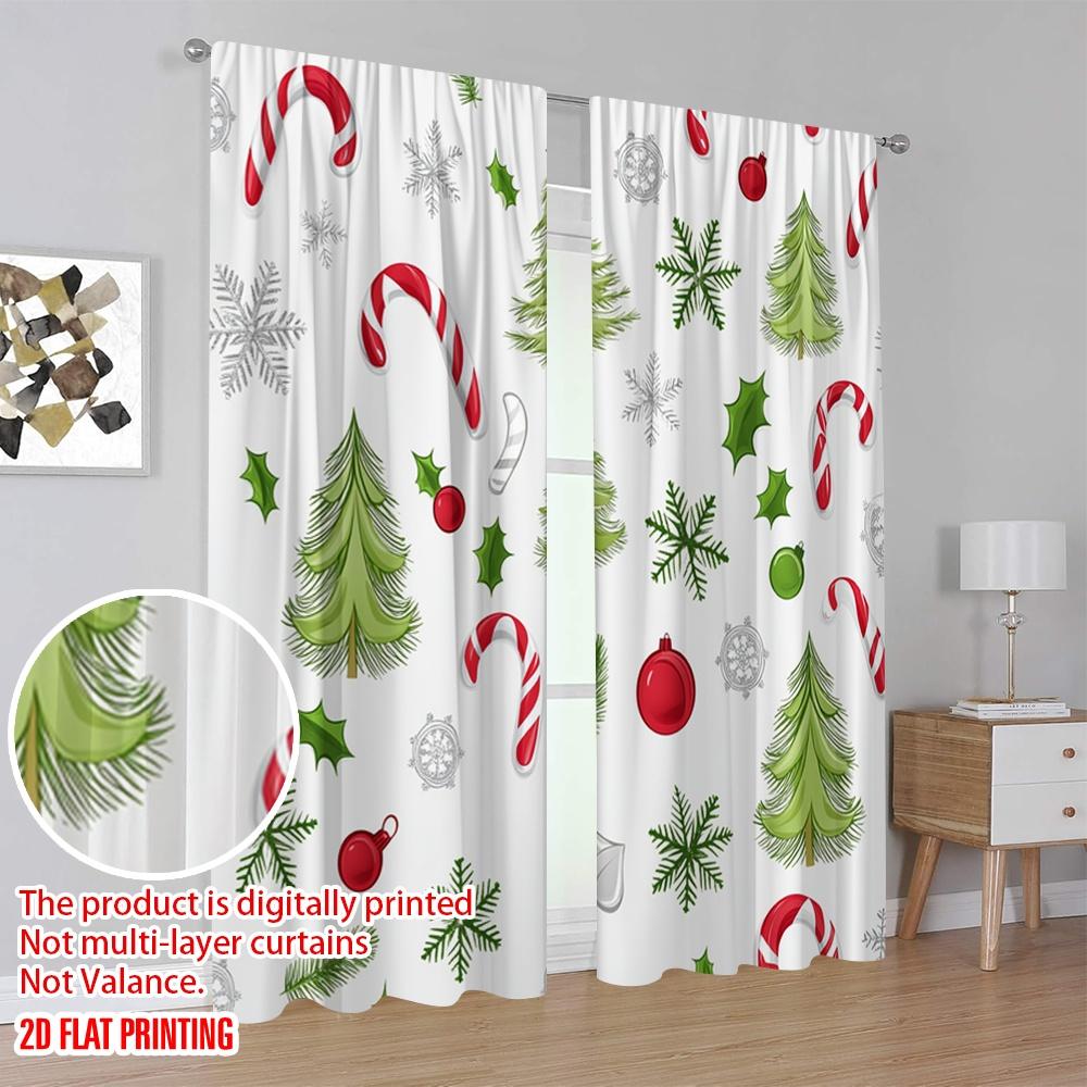 2pcs,2D Plane Printing Popular Curtains Christmas Baubles Trees Candy Canes (2) Polyester (without Rod) Festive Ldeal for